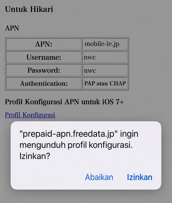 Dialog iPhone berbahasa Indonesia untuk mengizinkan download profil konfigurasi