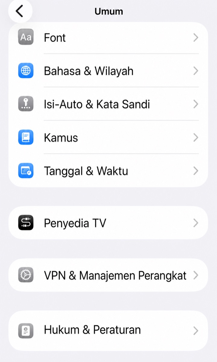 Menu Umum iPhone berbahasa Indonesia dengan pilihan VPN dan Manajemen Perangkat