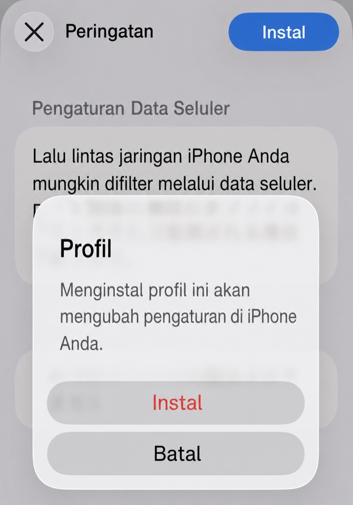 Dialog konfirmasi instalasi profil konfigurasi iPhone berbahasa Indonesia