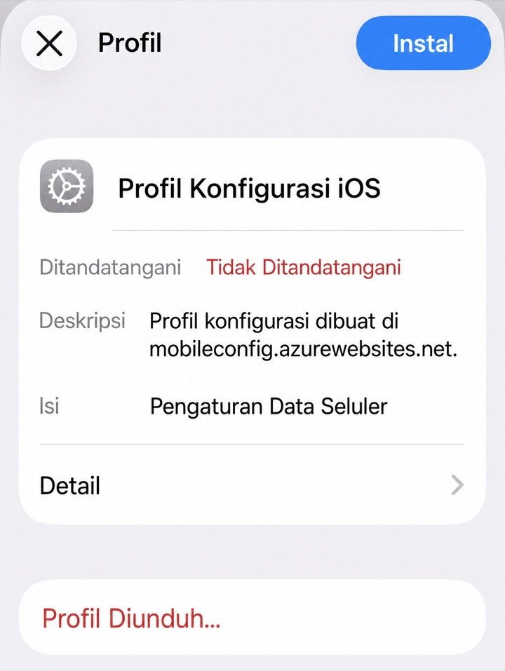 Layar profil konfigurasi iPhone berbahasa Indonesia dengan tombol Instal